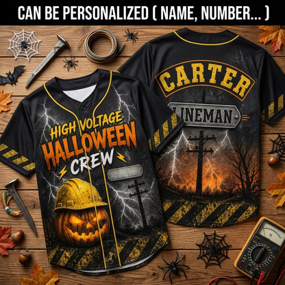 Personalized Lineman High Voltage Halloween Crew Baseball Jersey - Custom Name Electrician Gift