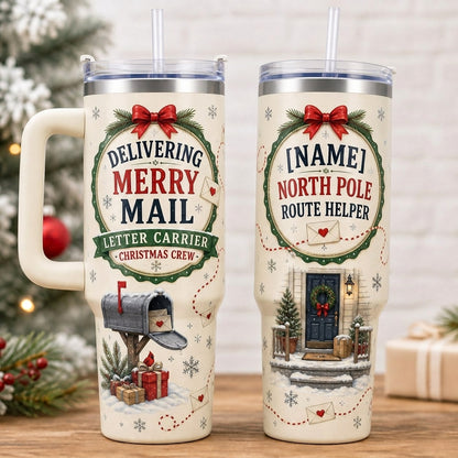 Personalized Delivering Merry Mail 40oz Tumbler with Handle - Custom Postal Worker Christmas Gift North Pole Route Helper