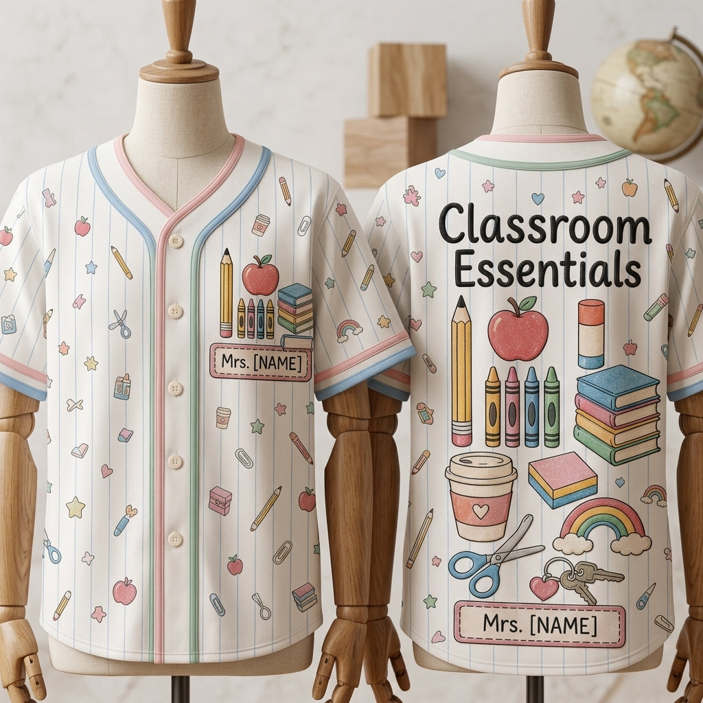 Personalized Classroom Essentials Teacher Baseball Jersey - Custom Name School Supplies Pastel Graphic Button Up