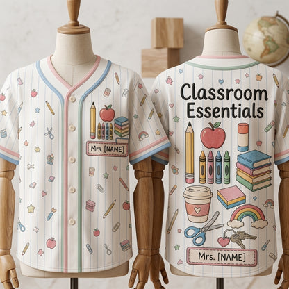 Personalized Classroom Essentials Teacher Baseball Jersey - Custom Name School Supplies Pastel Graphic Button Up