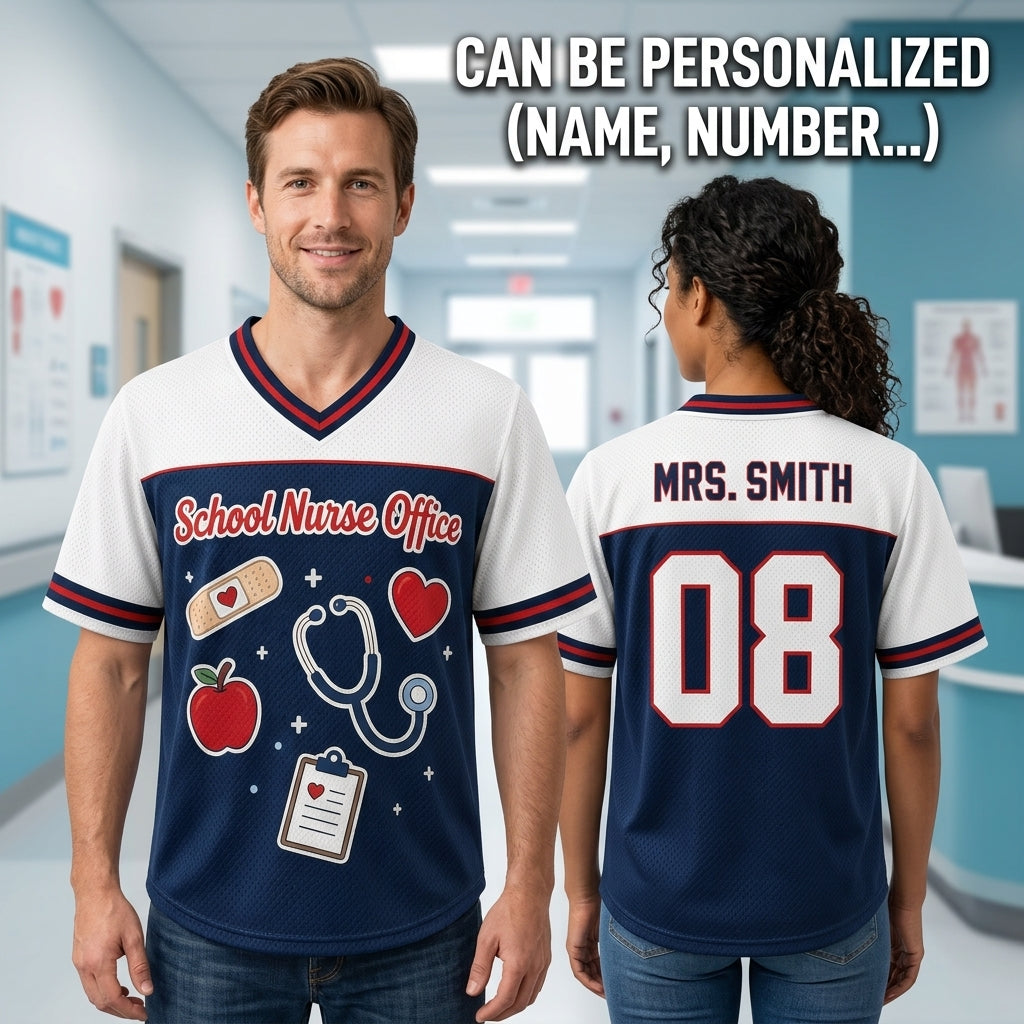Personalized School Nurse Office Football Jersey - Custom Name & Number Hybrid Mesh Shirt