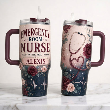 Personalized Emergency Room Nurse 40oz Tumbler with Handle - Custom Name Floral ER Nurse Gift