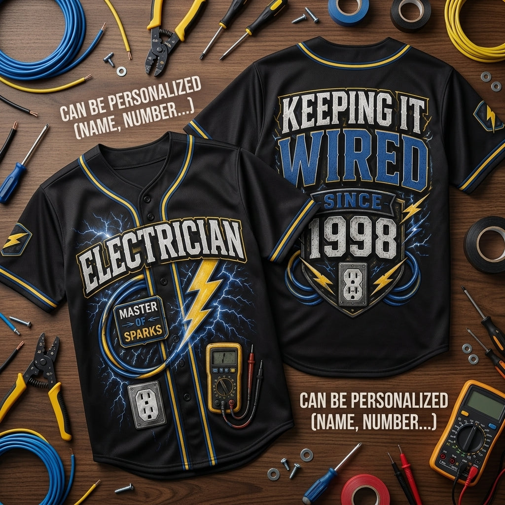 Personalized Electrician Baseball Jersey - Custom Name and Year Master of Sparks Gift