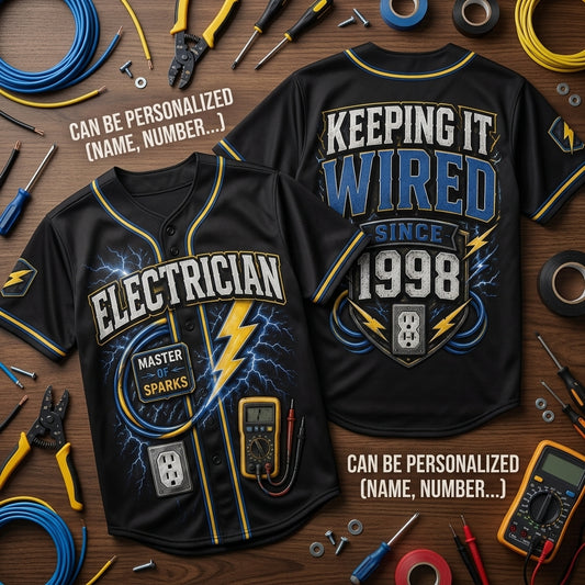 Personalized Electrician Baseball Jersey - Custom Name and Year Master of Sparks Gift
