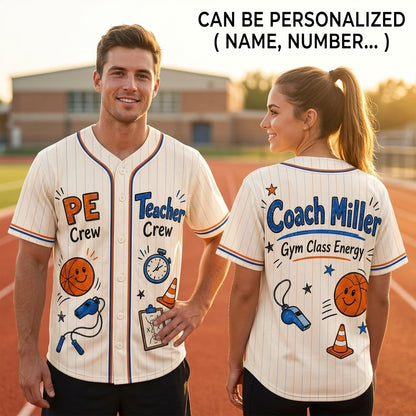 Personalized PE Teacher Crew Baseball Jersey - Custom Coach Name Gym Class Energy Shirt - Unisex Pinstripe Jersey