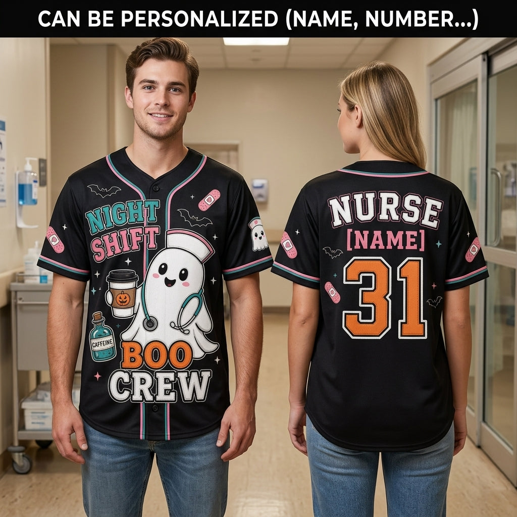 Personalized Night Shift Boo Crew Halloween Nurse Baseball Jersey - Custom Name Ghost Nurse Gift product view 2