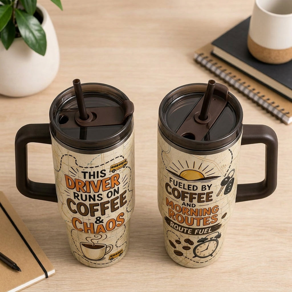 Bus Driver 40oz Tumbler with Handle - Fueled by Coffee and Chaos Commuter Gift