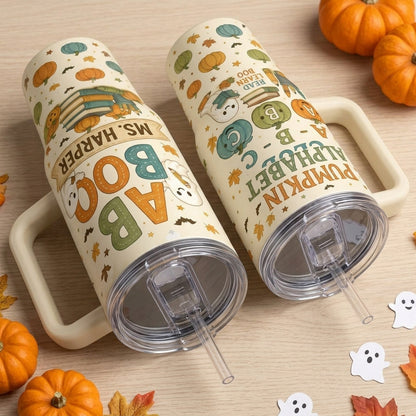Personalized 40oz Tumbler with Handle - Pumpkin Alphabet Club Teacher Halloween Gift - Custom Name