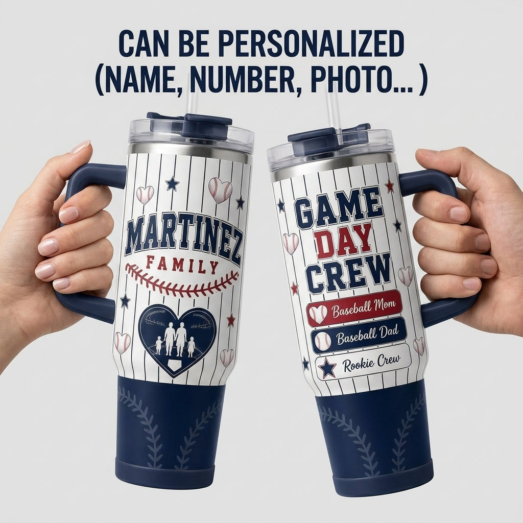 Personalized Baseball Family Game Day Crew 40oz Tumbler with Handle - Custom Name Sport Gift for Mom Dad