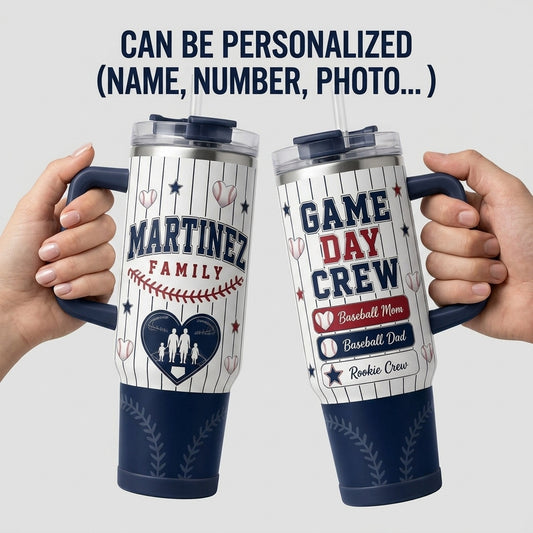 Personalized Baseball Family Game Day Crew 40oz Tumbler with Handle - Custom Name Sport Gift for Mom Dad