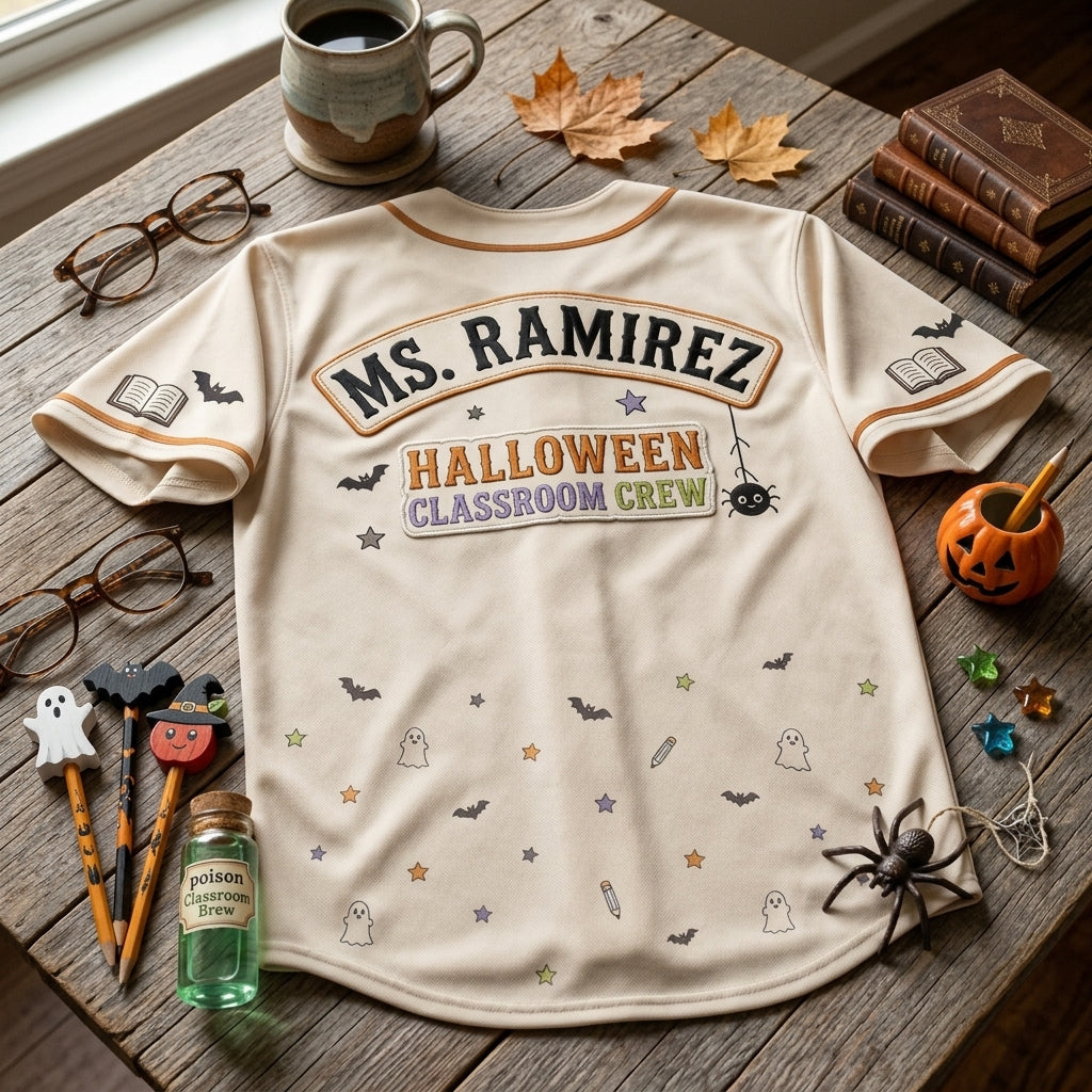 Personalized Spooky Teacher Club Baseball Jersey - Custom Name Halloween Classroom Crew Shirt