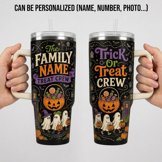 Personalized Halloween Family Name Treat Crew 40oz Tumbler with Handle - Custom Ghost Trick or Treat Gift