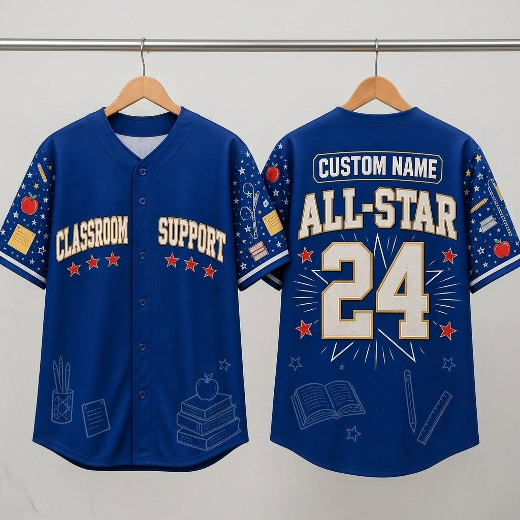 Personalized Classroom Support All-Star Baseball Jersey - Custom Name Blue Teacher Gift for School Staff and Educators