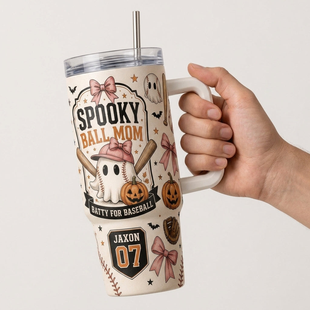 Personalized Spooky Ball Mom 40oz Tumbler with Handle - Custom Baseball Ghost Halloween Gift
