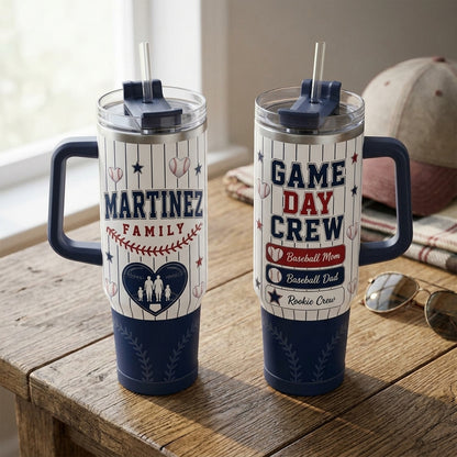 Personalized Baseball Family Game Day Crew 40oz Tumbler with Handle - Custom Name Sport Gift for Mom Dad