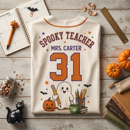 Personalized Spooky Teacher Halloween Baseball Jersey - Custom Name and Grade Ghost Graphic Jersey
