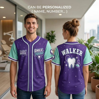 Personalized Smile Squad Baseball Jersey - Custom Name Floss Boss Gift for Dentist & Dental Hygienist
