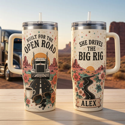 Personalized She Drives the Big Rig 40oz Tumbler with Handle, Custom Name Female Trucker Gift