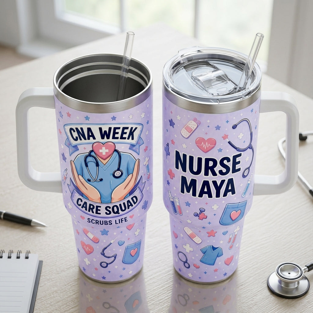 Personalized CNA Week Care Squad 40oz Tumbler with Handle - Custom Name Nurse Appreciation Gift Scrubs Life