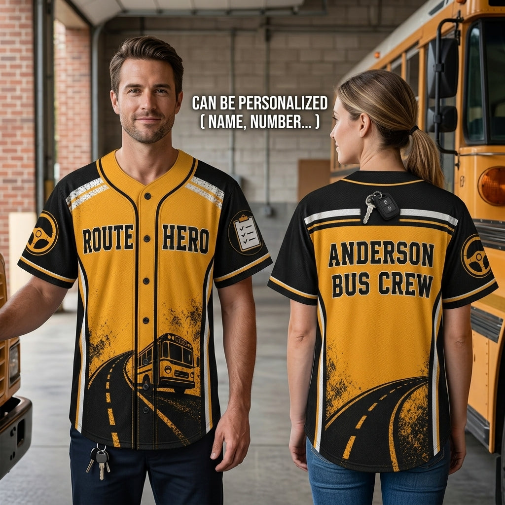 Personalized School Bus Driver Baseball Jersey - Custom Name Route Hero Yellow & Black Athletic Shirt - baseball jersey product view 2