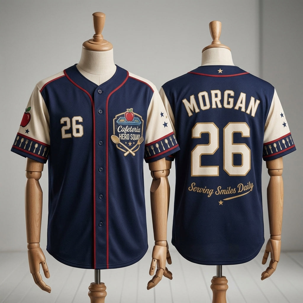 Personalized Cafeteria Hero Squad Baseball Jersey - Custom Name and Number School Staff Gift