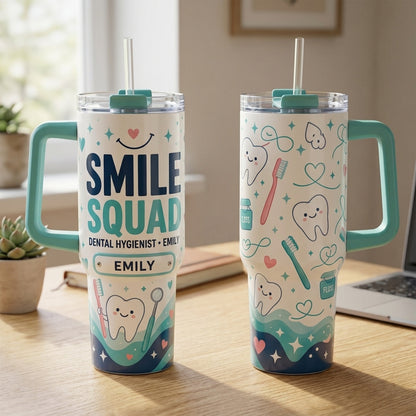 Personalized Smile Squad 40oz Tumbler with Handle - Custom Name Gift for Dental Hygienist & Dentist