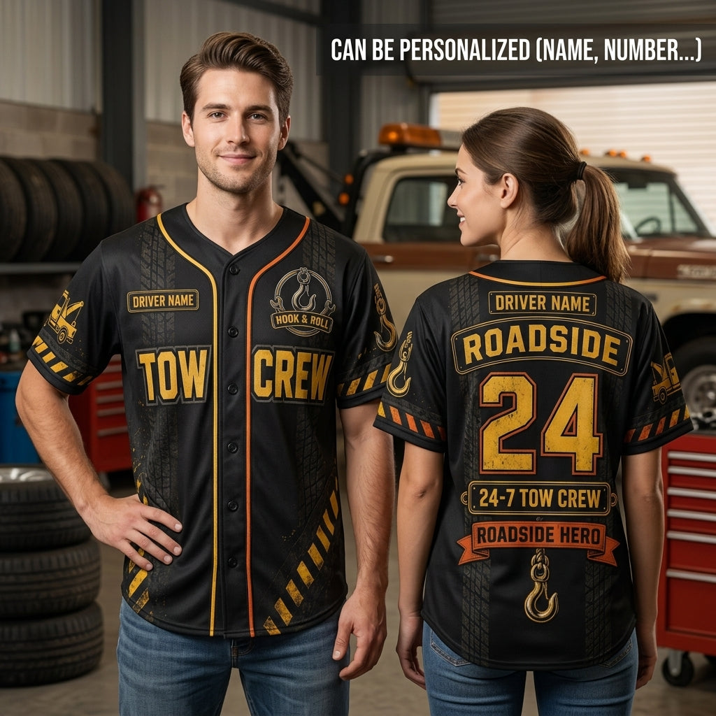 Personalized Tow Truck Driver Baseball Jersey - Custom Name Roadside Tow Crew Hook and Roll Recovery Apparel