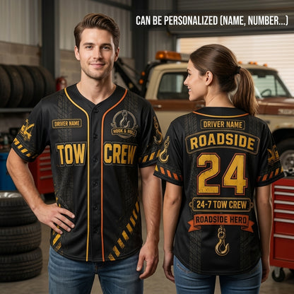Personalized Tow Truck Driver Baseball Jersey - Custom Name Roadside Tow Crew Hook and Roll Recovery Apparel