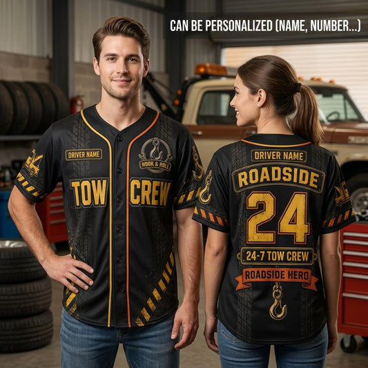 Personalized Tow Truck Driver Baseball Jersey - Custom Name Roadside Tow Crew Hook and Roll Recovery Apparel