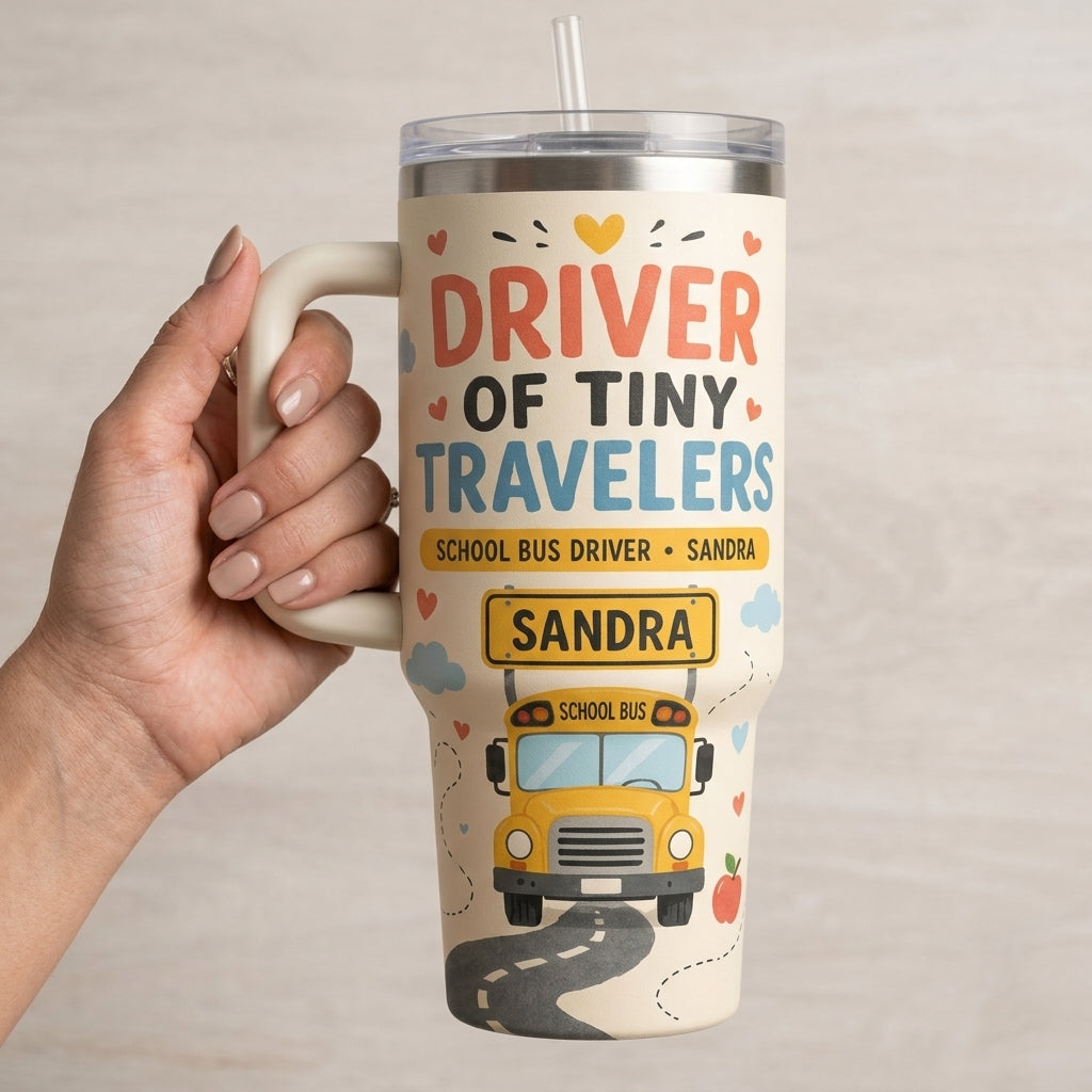 Personalized School Bus Driver 40oz Tumbler with Handle - Driver of Tiny Travelers Custom Name Gift