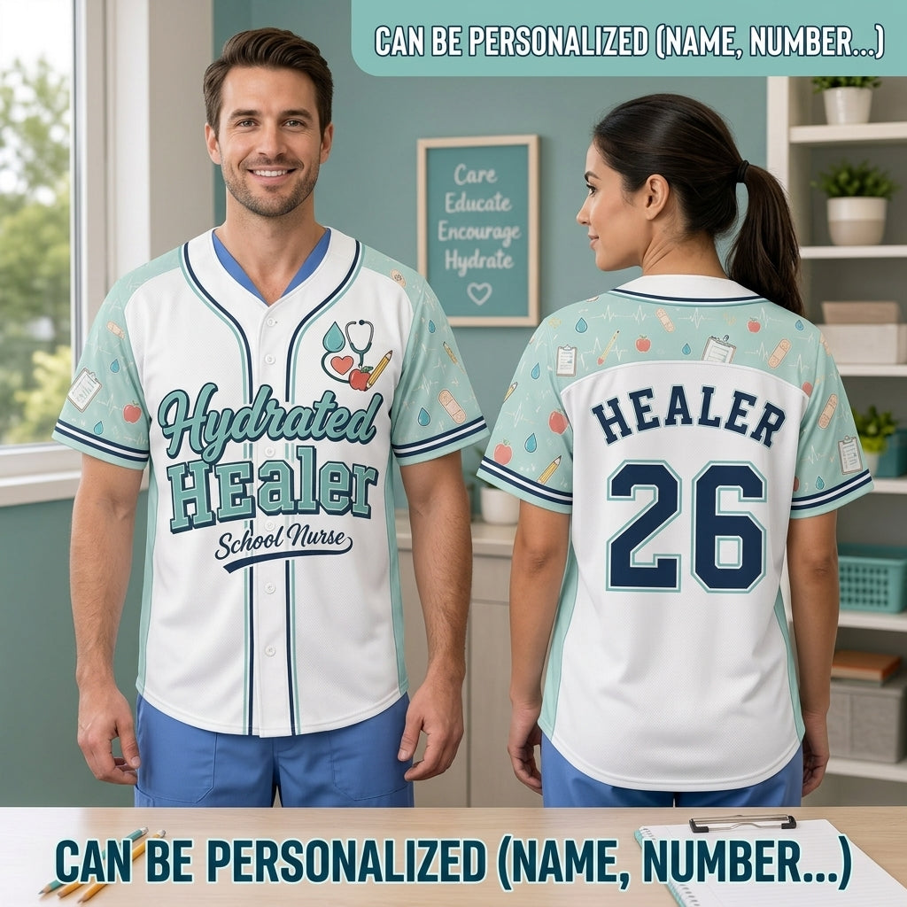 Personalized Hydrated Healer School Nurse Baseball Jersey - Custom Name and Number Athletic Shirt
