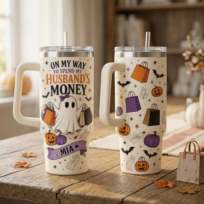 Personalized Spooky Ghost Shopping Tumbler 40oz with Handle - Custom Name Funny Halloween Gift for Wife