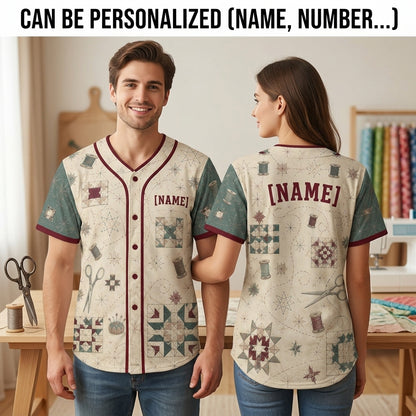 Personalized Quilting Pattern Baseball Jersey - Custom Name Sewing & Crafting Enthusiast Button-Up Shirt