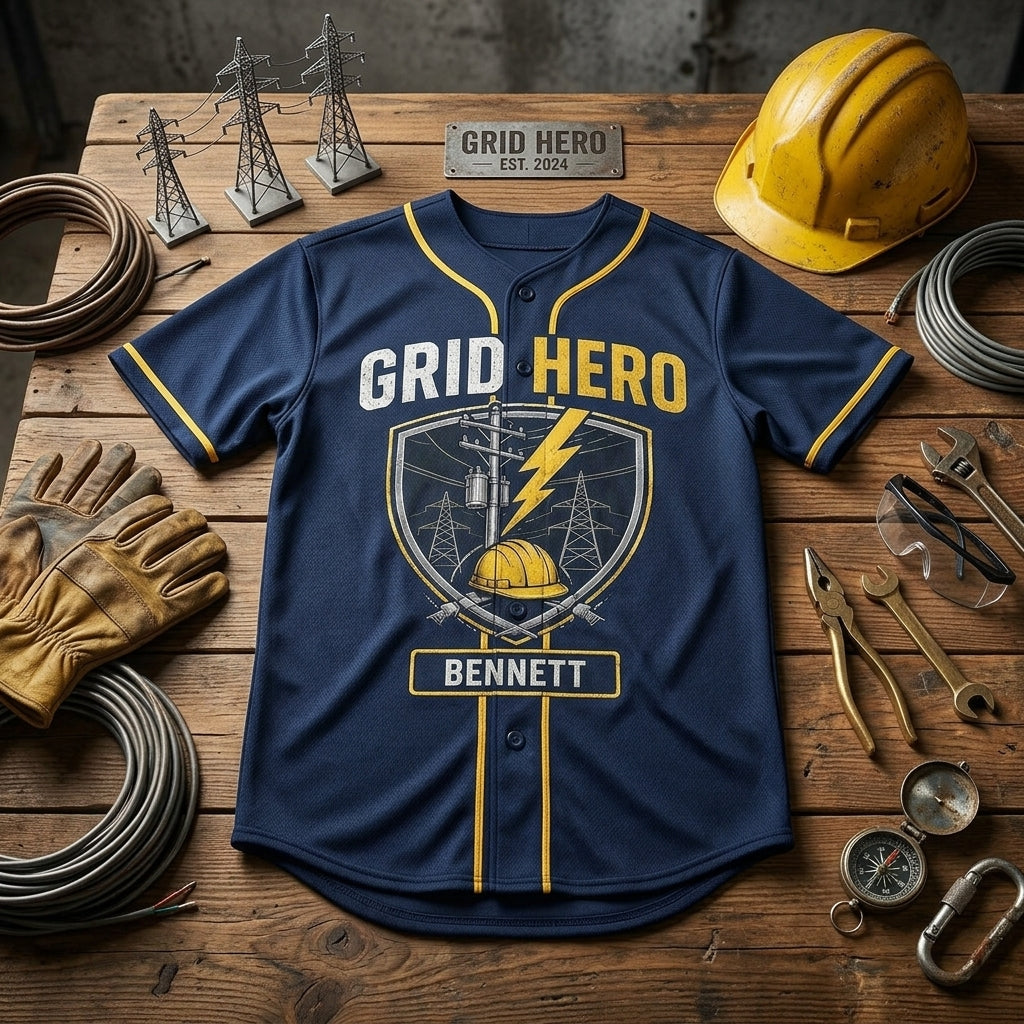 Personalized Lineman Baseball Jersey - Custom Name Grid Hero Electrical Worker Apparel Gift