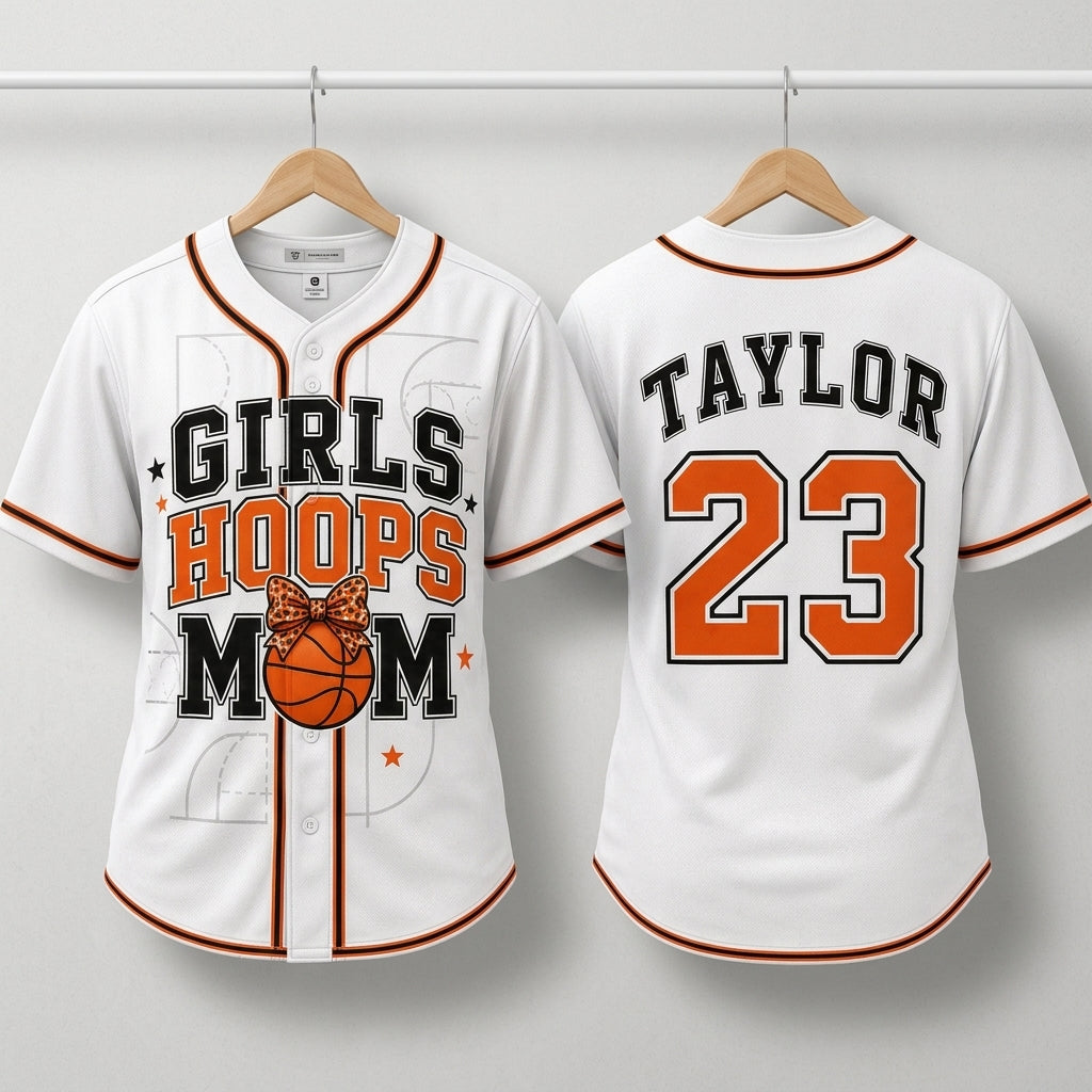 Personalized Girls Hoops Mom Baseball Jersey - Custom Name and Number Basketball Fan Gear