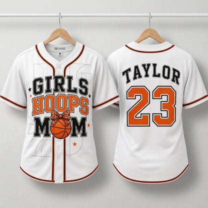 Personalized Girls Hoops Mom Baseball Jersey - Custom Name and Number Basketball Fan Gear