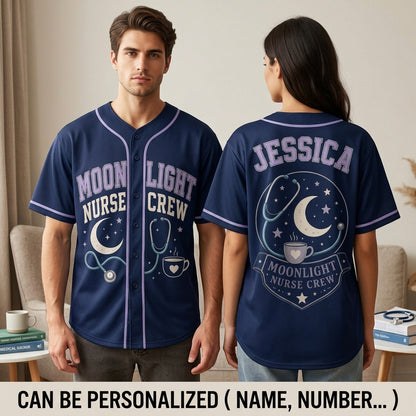 Personalized Moonlight Nurse Crew Baseball Jersey - Custom Name Night Shift Nursing Gift