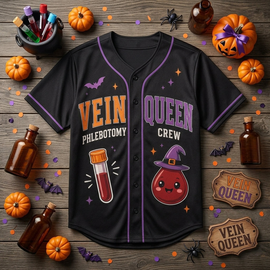 Personalized Vein Queen Phlebotomy Crew Baseball Jersey - Custom Name Halloween Phlebotomist Gift