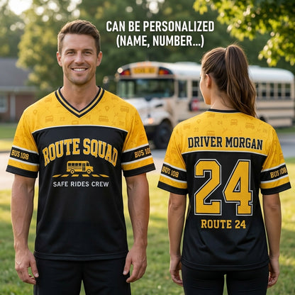 Personalized School Bus Driver Football Jersey - Custom Name & Route Number Squad Gear