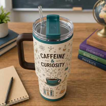 Personalized Caffeine & Curiosity 40oz Tumbler with Handle - Custom Science Teacher & STEM Gift Travel Mug