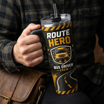 Personalized Route Hero Bus Driver 40oz Tumbler with Handle - Custom Name & Route Number Gift - 40oz tumbler mockup 4