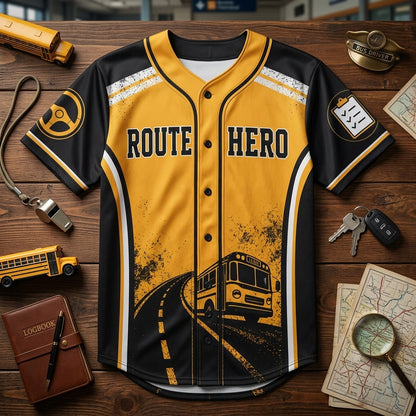 Personalized School Bus Driver Baseball Jersey - Custom Name Route Hero Yellow & Black Athletic Shirt - baseball jersey product view 4