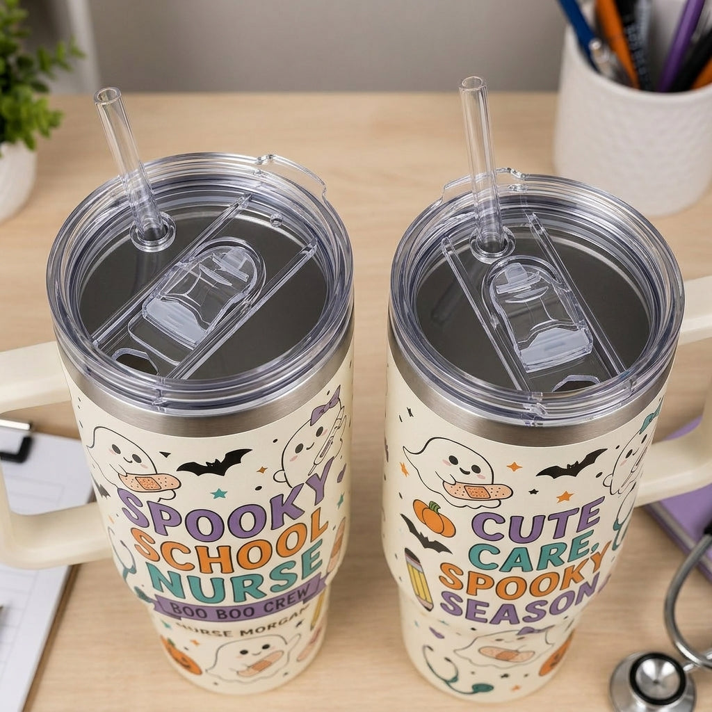 Personalized Spooky School Nurse 40oz Tumbler with Handle - Custom Boo Boo Crew Halloween Gift
