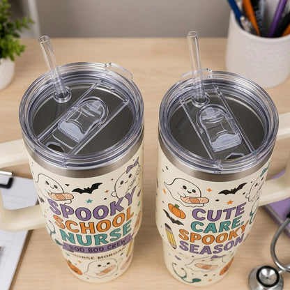 Personalized Spooky School Nurse 40oz Tumbler with Handle - Custom Boo Boo Crew Halloween Gift