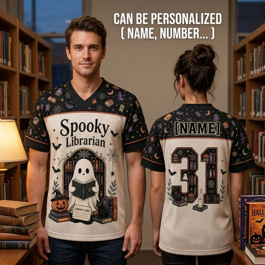 Personalized Spooky Librarian Halloween Football Jersey - Custom Name Ghost Reading Jersey