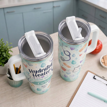Personalized Hydrated Healer School Nurse 40oz Tumbler with Handle - Custom Name Medical Gift