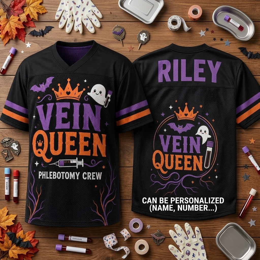 Personalized Vein Queen Phlebotomy Crew Football Jersey - Custom Name Halloween Phlebotomist Gift