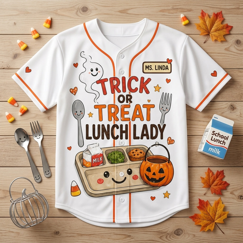 Personalized Trick or Treat Lunch Lady Halloween Baseball Jersey - Custom Name Cafeteria Staff Gift Apparel
