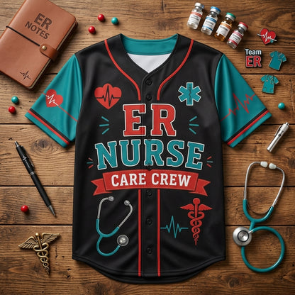 Personalized ER Nurse Care Crew Baseball Jersey - Custom Name Medical Professional Gift for Nursing Teams