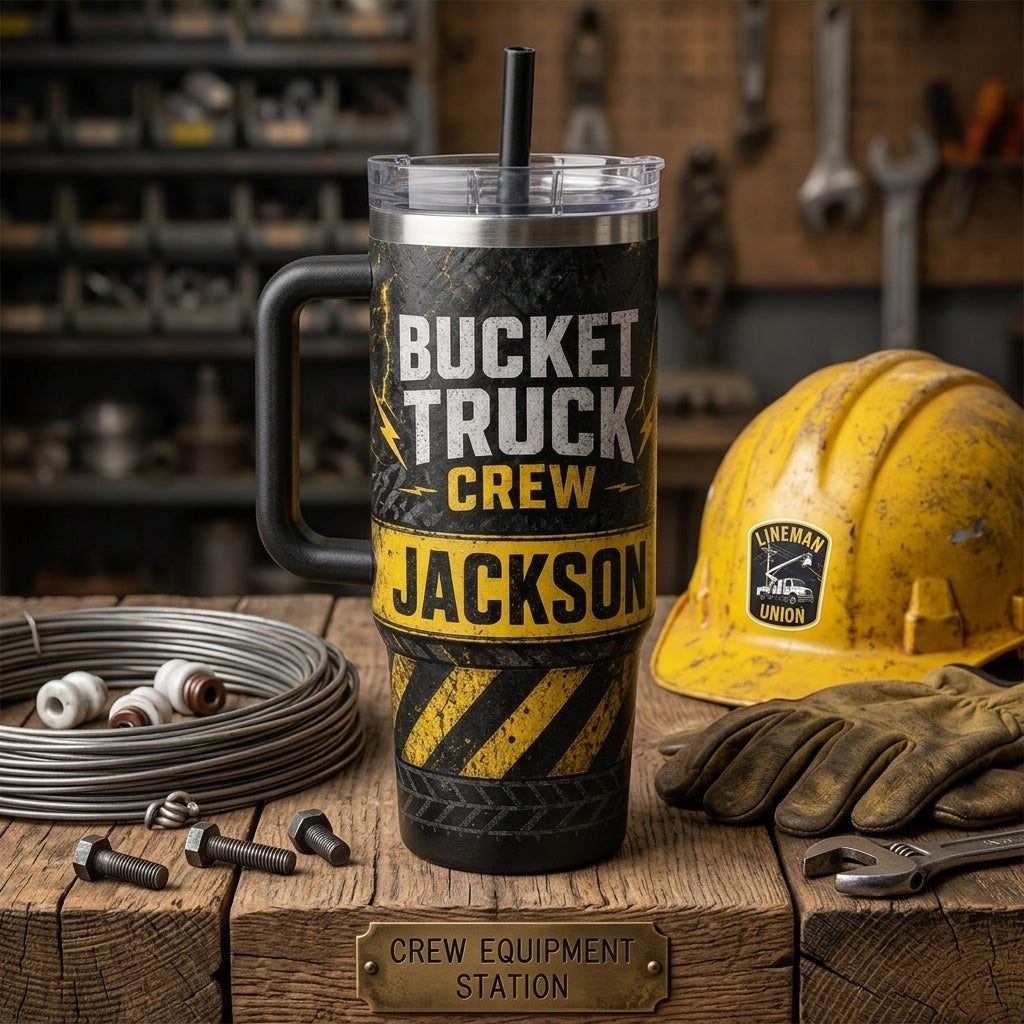 Personalized Lineman Bucket Truck Crew 40oz Tumbler with Handle - Custom Name Powerline Proud Gift
